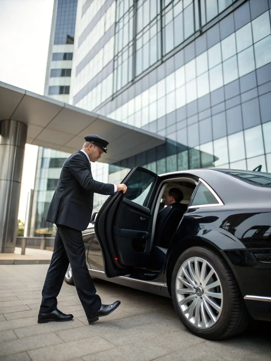 A sharply dressed chauffeur holding a sign with a company logo in a corporate building lobby, waiting for a client. The setting is professional and upscale.