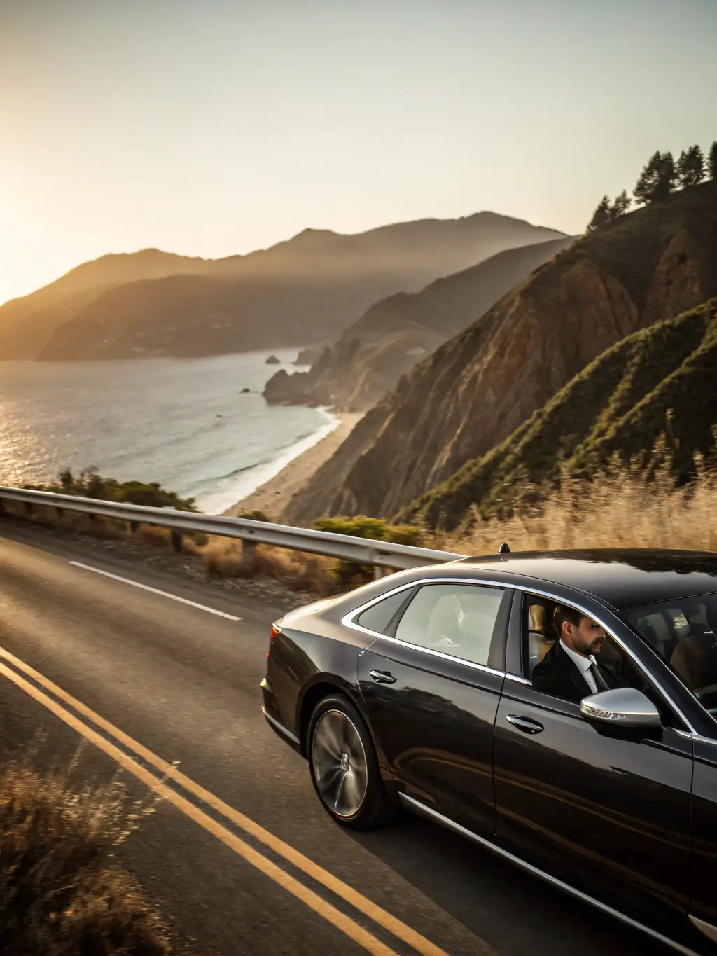 A black limousine driving along a scenic coastal highway at sunset, connecting two major cities. The image suggests comfort and luxury during long-distance travel.