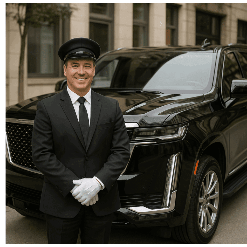 Chauffeur with black Escalade SUV for hourly service and resort transfers